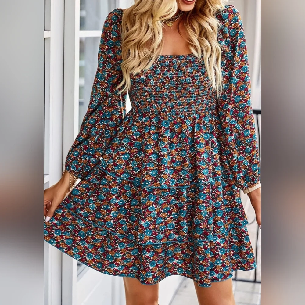 BTFBM Smocked Long Sleeve Floral Ruffle Dress - Picture 2 of 8